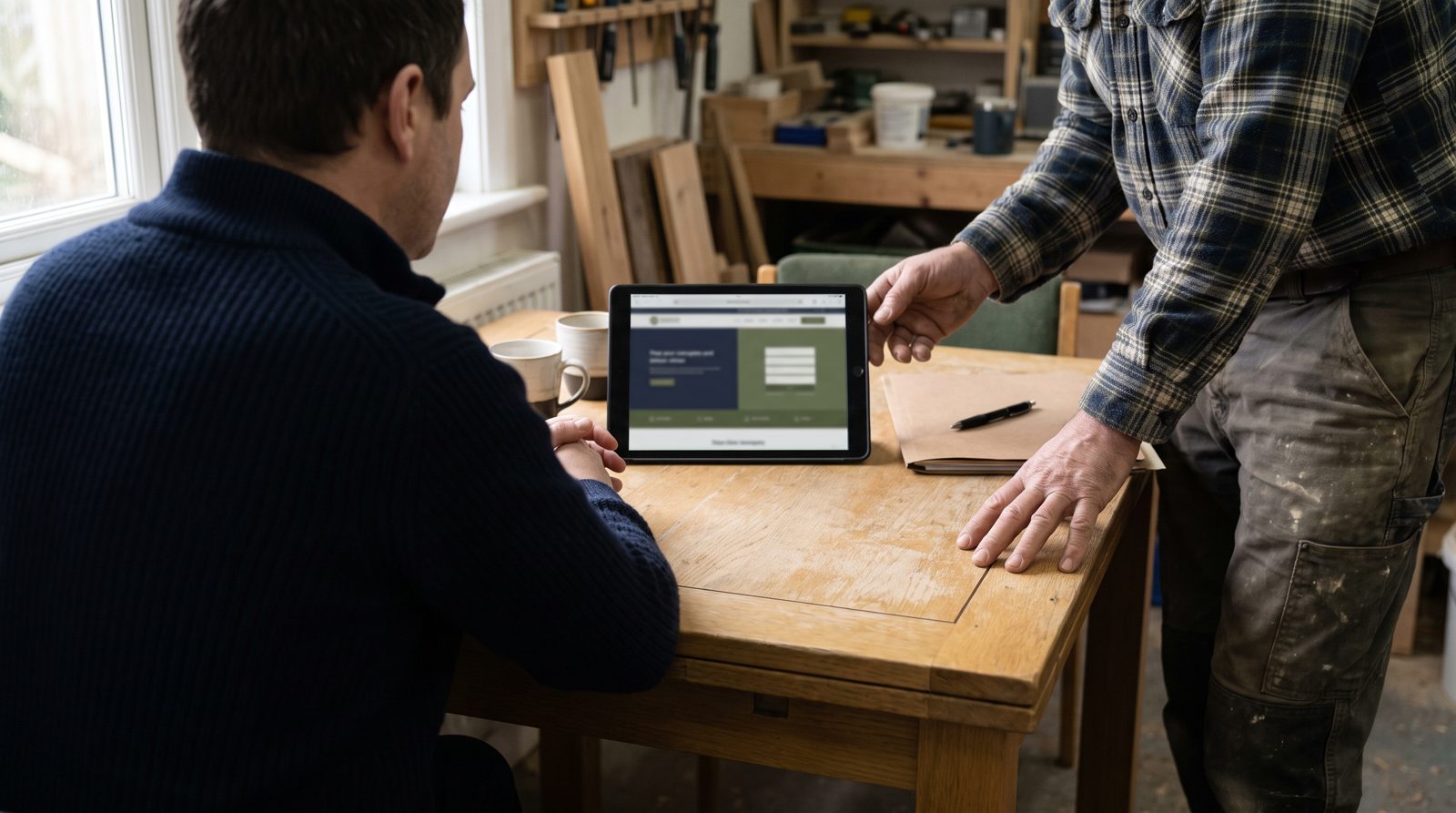 Ein Berater sitzt mit einem Schreiner am Holztisch, zwischen ihnen ein Tablet mit einer neuen Webseite