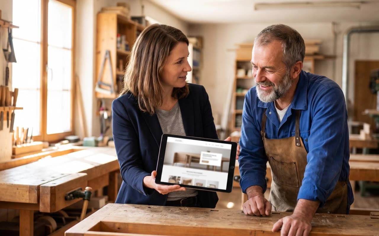 Eine Frau zeigt einem Handwerker seine neue Startseite auf dem Tablet