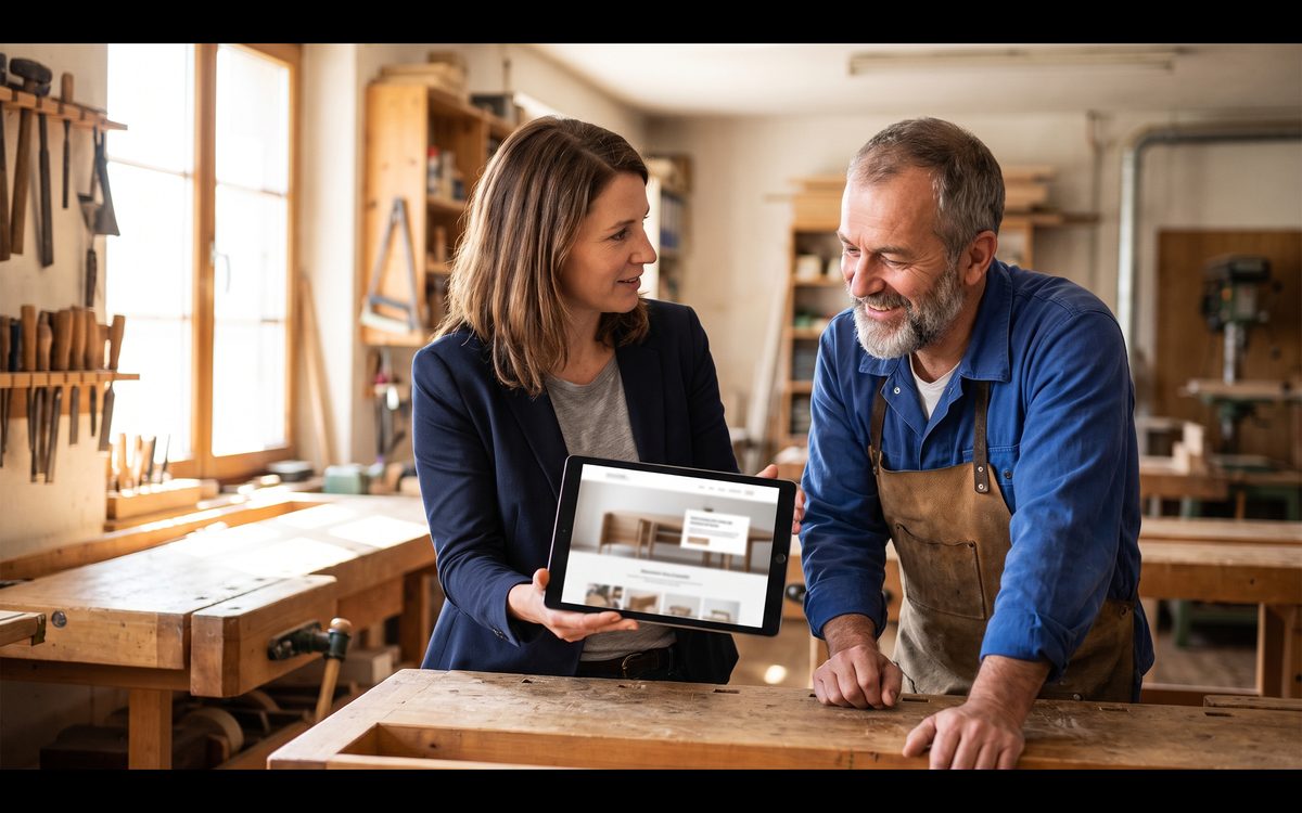 Eine Frau zeigt einem Schreiner in seiner Werkstatt seine neue Webseite auf dem Tablet
