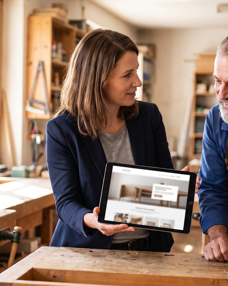 Stefanie, Partnerin bei honeyflow, zeigt einem Kunden seine neue Webseite