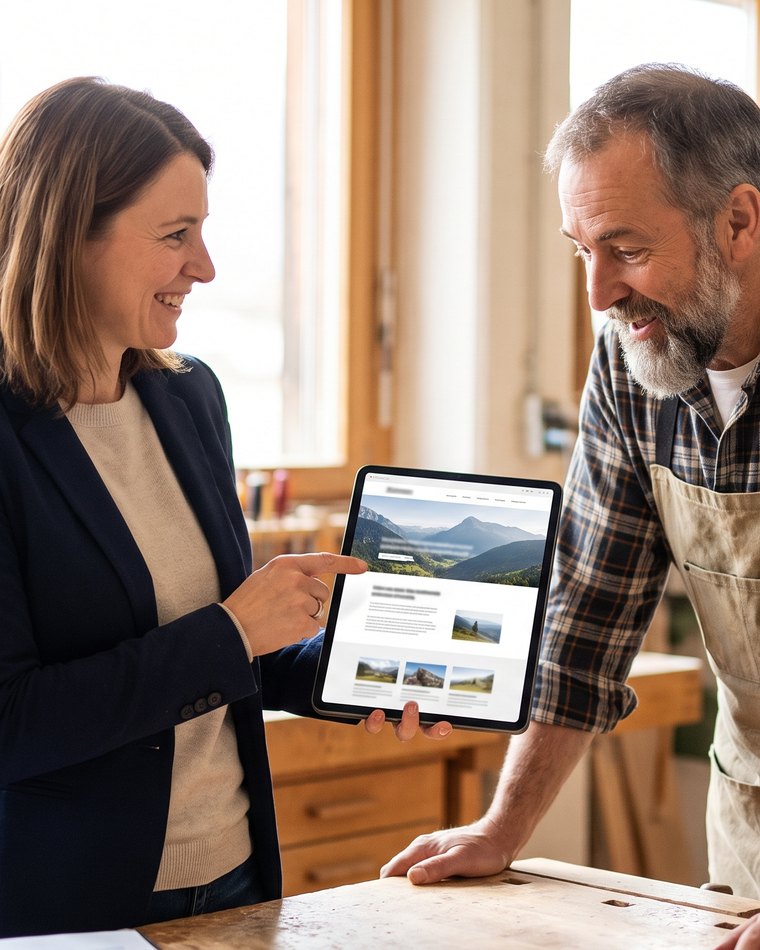 Eine Partnerin zeigt einem Schreiner seine neue Startseite auf dem Tablet