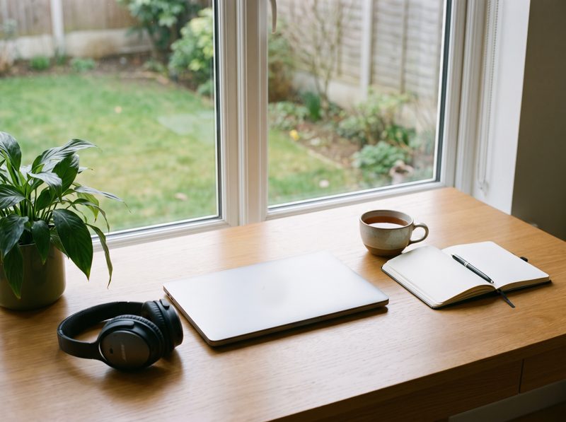 Schreibtisch mit Laptop am Fenster