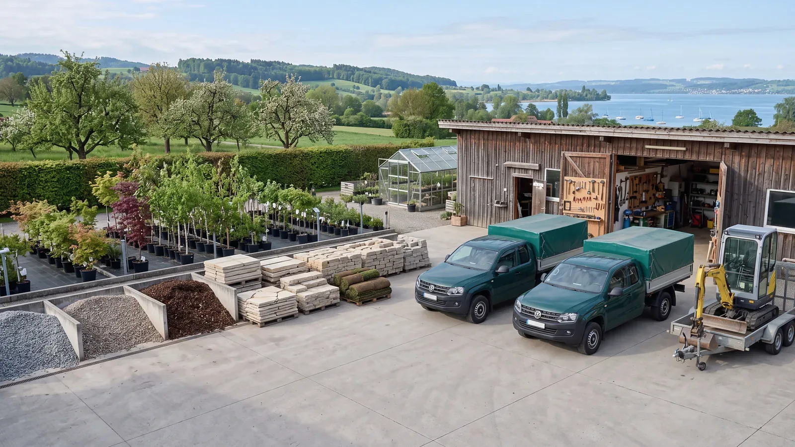 Betriebshof mit Fahrzeugen, Pflanzenlager, Steinpaletten und Werkstatt