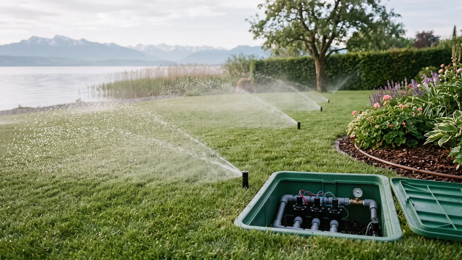 Versenkregner bewässern einen Rasen, daneben ein geöffneter Ventilkasten mit Technik