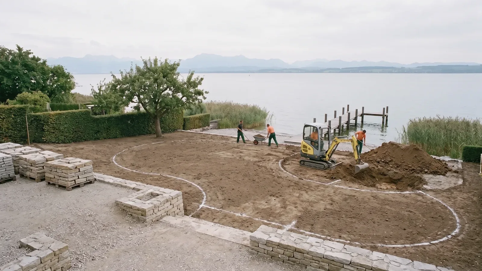 Das Grundstück am See als Baustelle: ein Minibagger hebt die Teichgrube aus, Gärtner mit Schubkarre und Schaufel, Steinpaletten