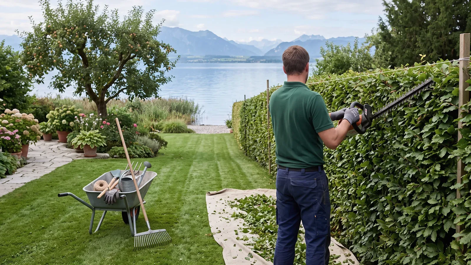 Gärtner schneidet eine hohe Buchenhecke in einem Garten am Bodensee