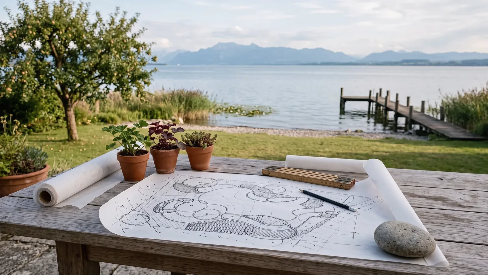 Gartenplan auf einem Holztisch am Seeufer, dahinter Rasen, Schilf und ein Holzsteg