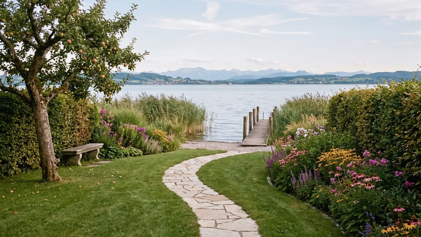 Plattenweg durch einen Garten mit Staudenbeeten, der zum Steg am See führt