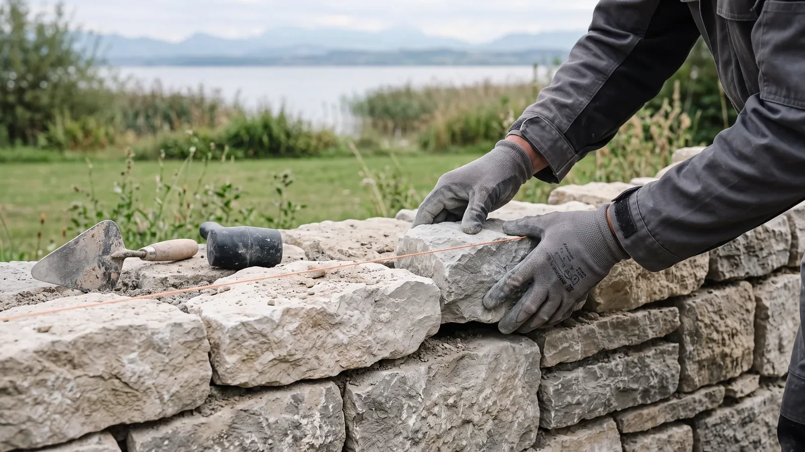 Hände in Arbeitshandschuhen setzen einen Kalkstein in eine Trockenmauer