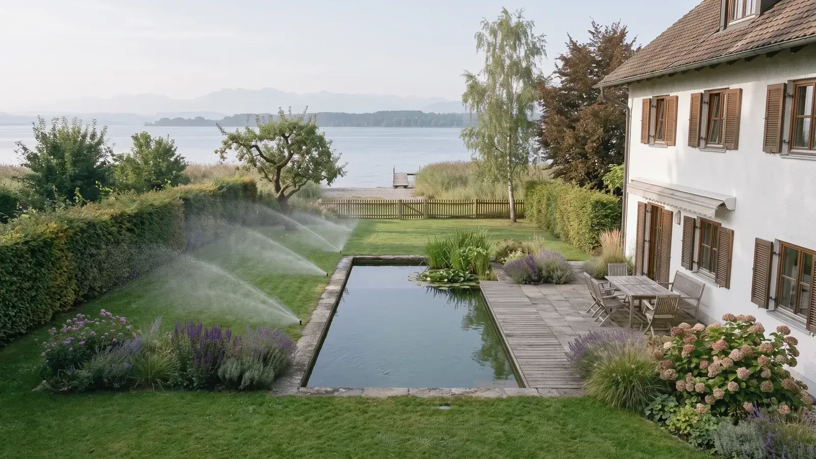 Hausgarten am Bodensee mit Schwimmteich, laufender Bewässerung, Steg und Blick über den See auf die Alpen