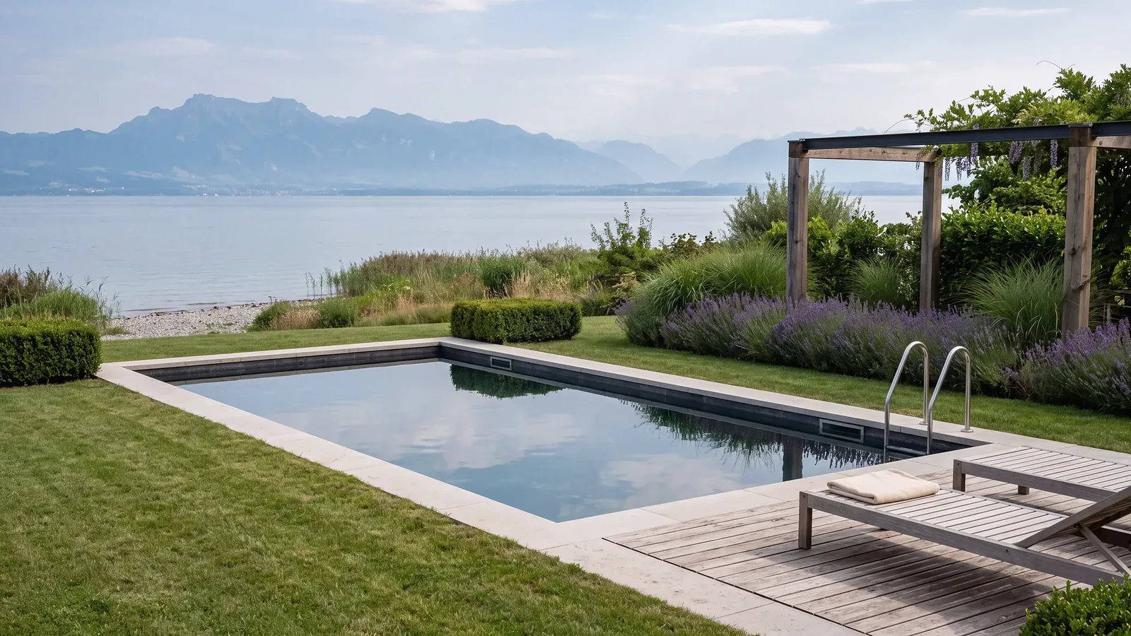 Rechteckiger Pool mit heller Steineinfassung und Holzdeck, dahinter der See und die Alpen
