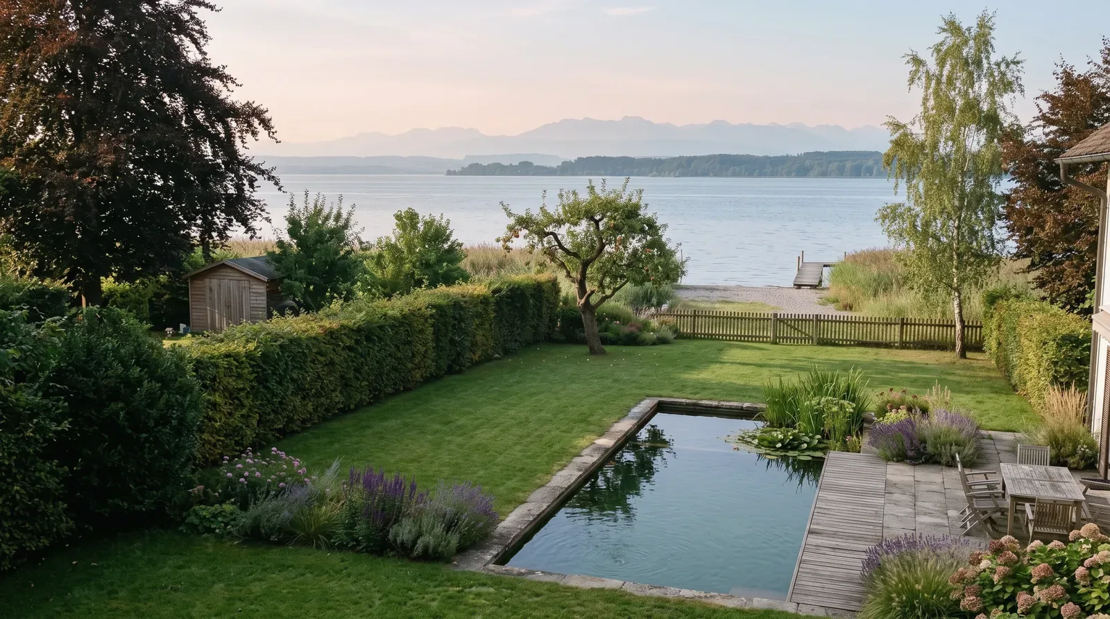 Garten am Bodenseeufer mit Schwimmteich, Natursteinmauer, Buchenhecken und Holzsteg, dahinter der See