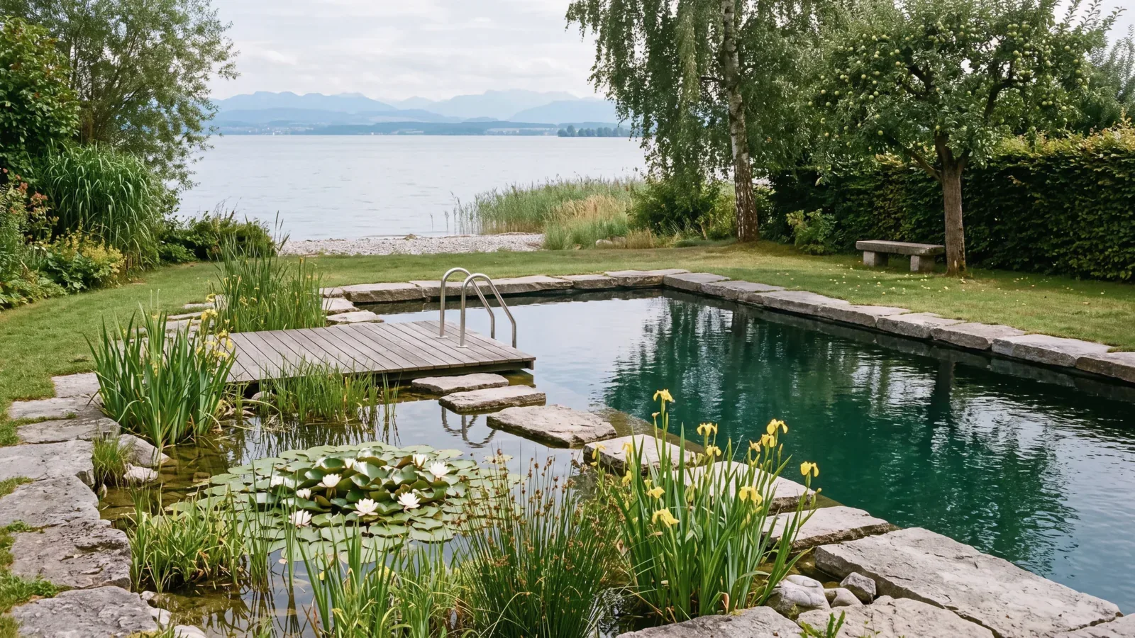 Schwimmteich mit Steineinfassung, Seerosen, Schilf und Holzsteg, dahinter der Bodensee