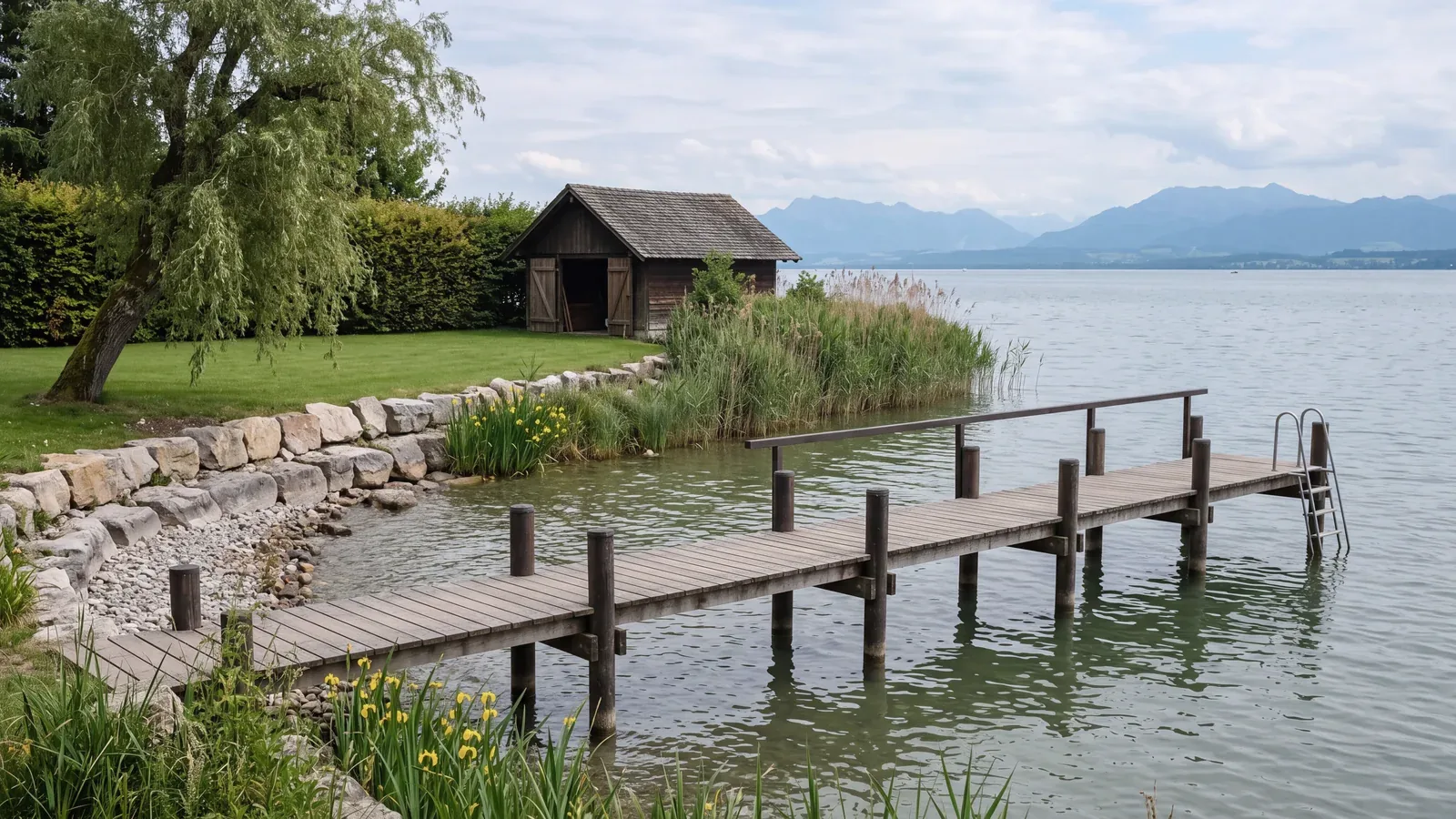 Holzsteg auf dunklen Pfählen am Bodensee, davor Kiesufer, Schilf und ein Bootshaus