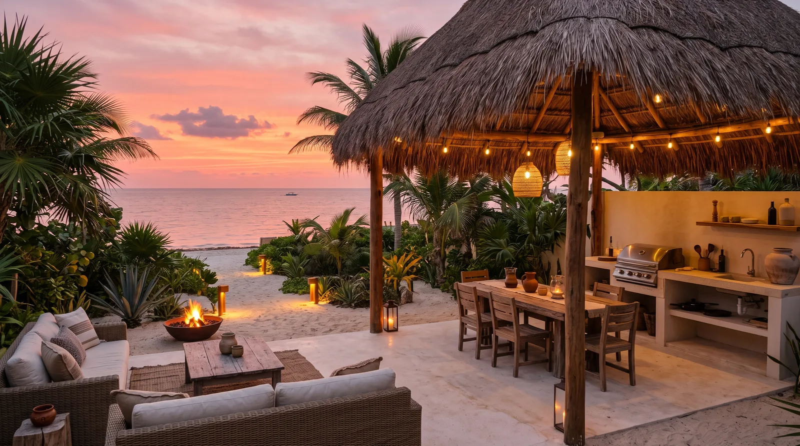 Terraza con palapa al atardecer, con comedor, cocina exterior, brasero y luz cálida