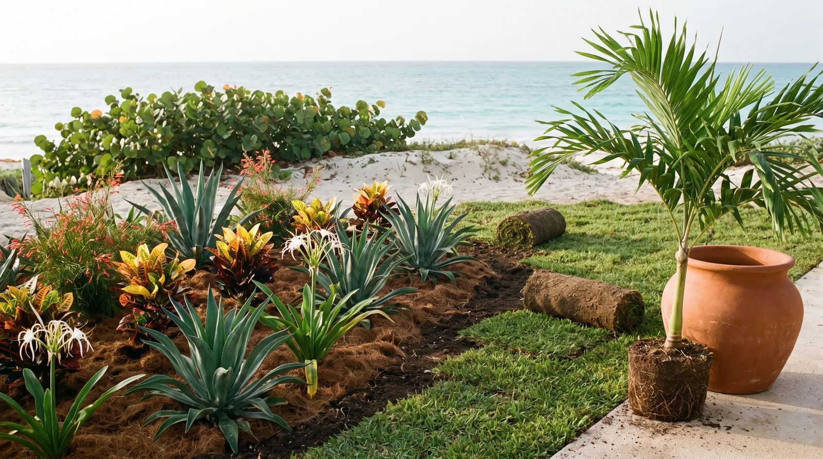 Jardinera recién plantada con agaves, crotos y lirios, pasto en rollo recién colocado y una palma joven con cepellón
