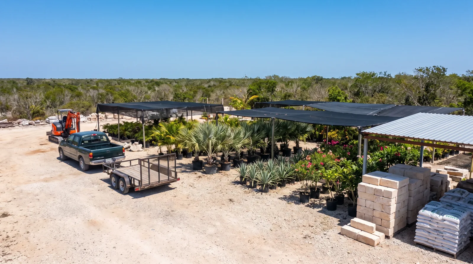 Patio de la empresa con camionetas, vivero de palmas, tarimas de piedra y taller