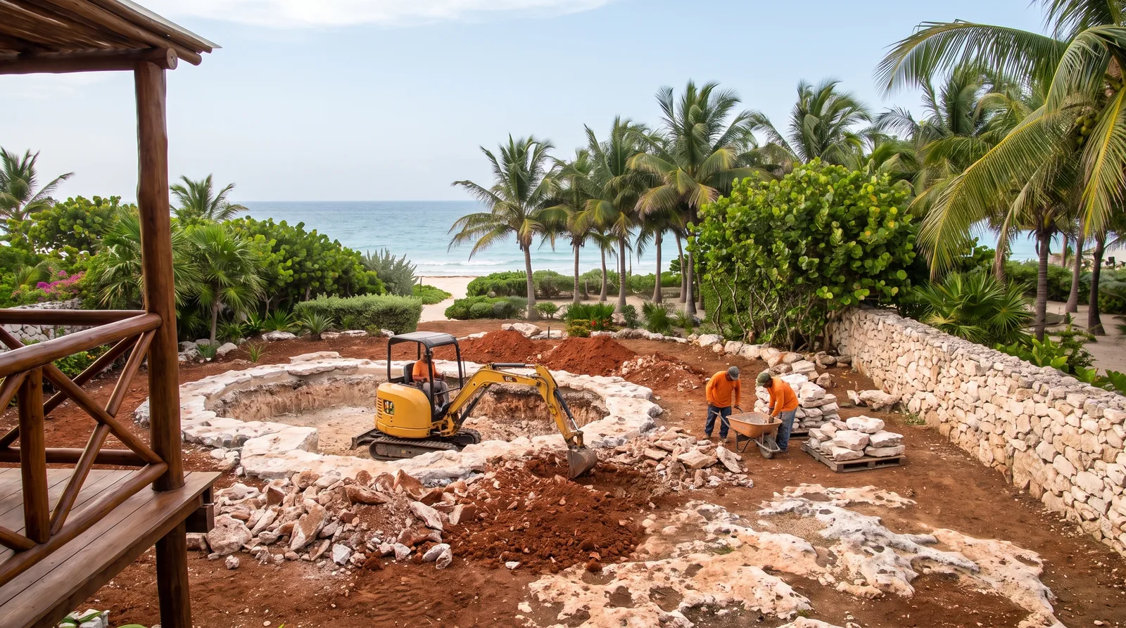 El terreno en obra sobre tierra roja y laja: una miniexcavadora abre la fosa de la alberca natural, jardineros con carretilla, tarimas de piedra