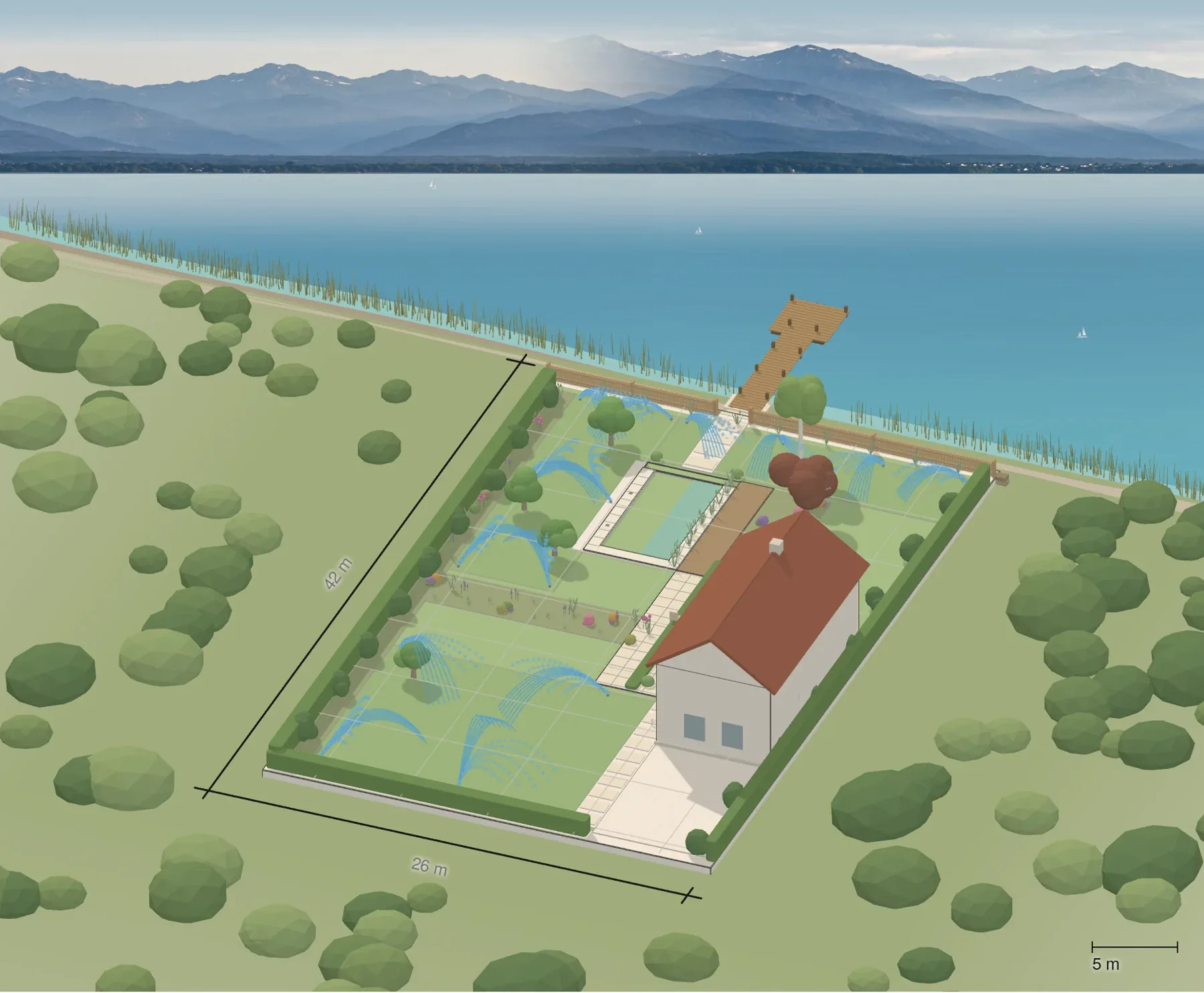 Modelo 3D de un terreno frente al mar con casa, alberca natural, pasto, muelle de madera y vista al mar
