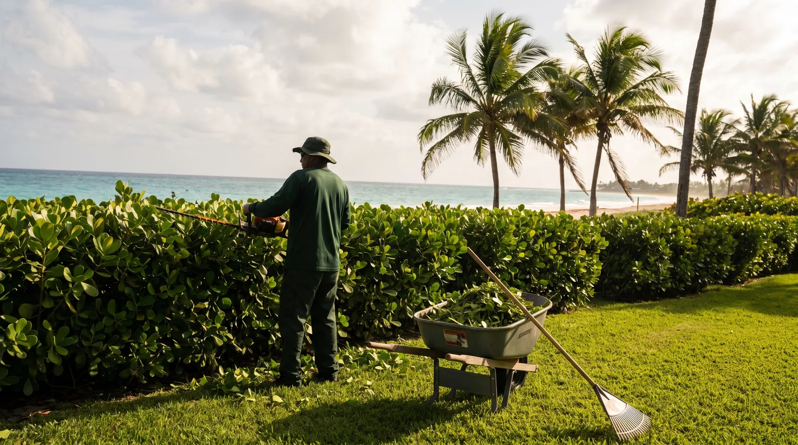 Jardinero poda un seto de clusia en un jardín frente al mar