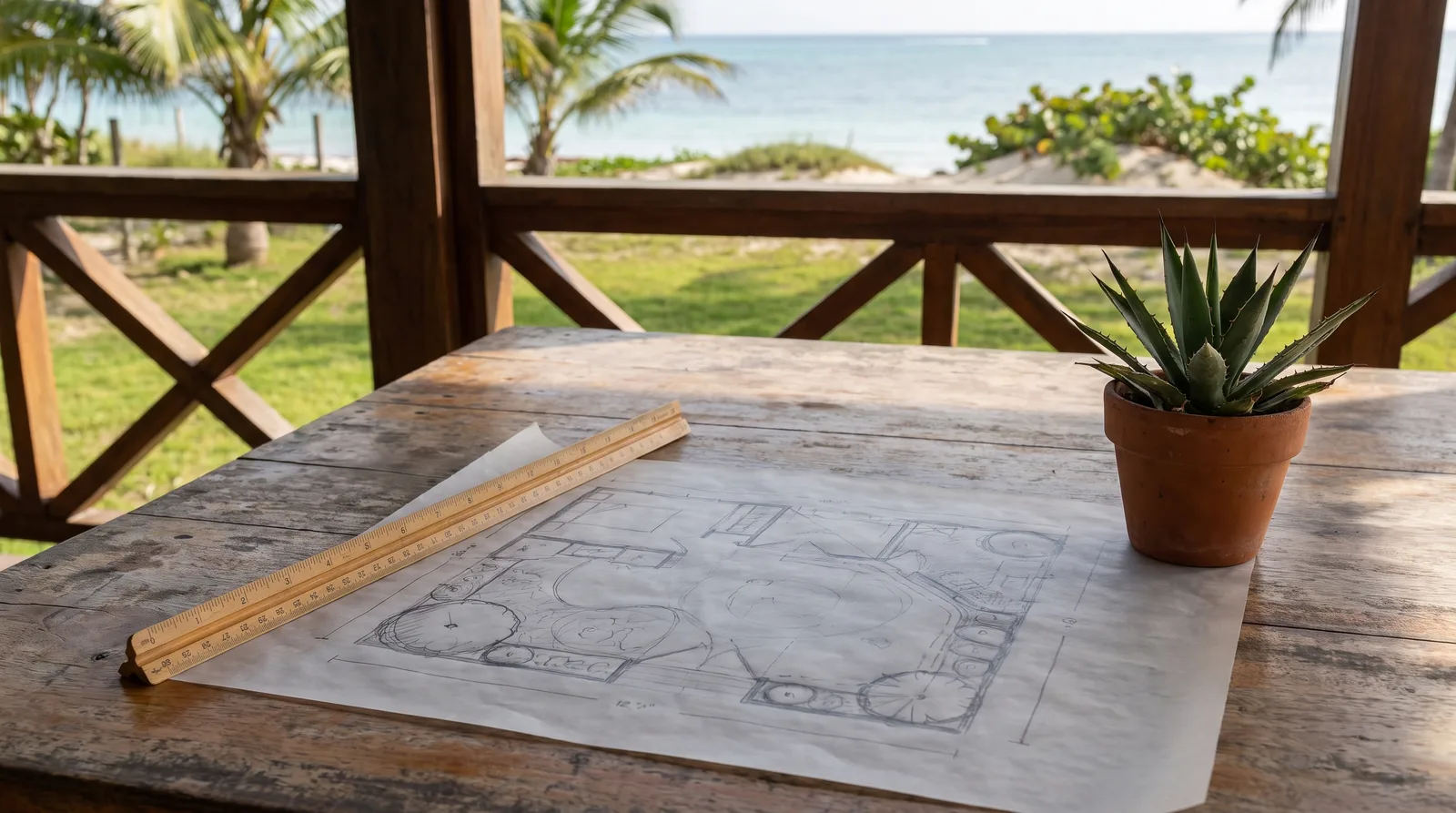 Plano de jardín sobre una mesa de madera en la terraza de una casa de playa, al fondo pasto, palmeras y el mar