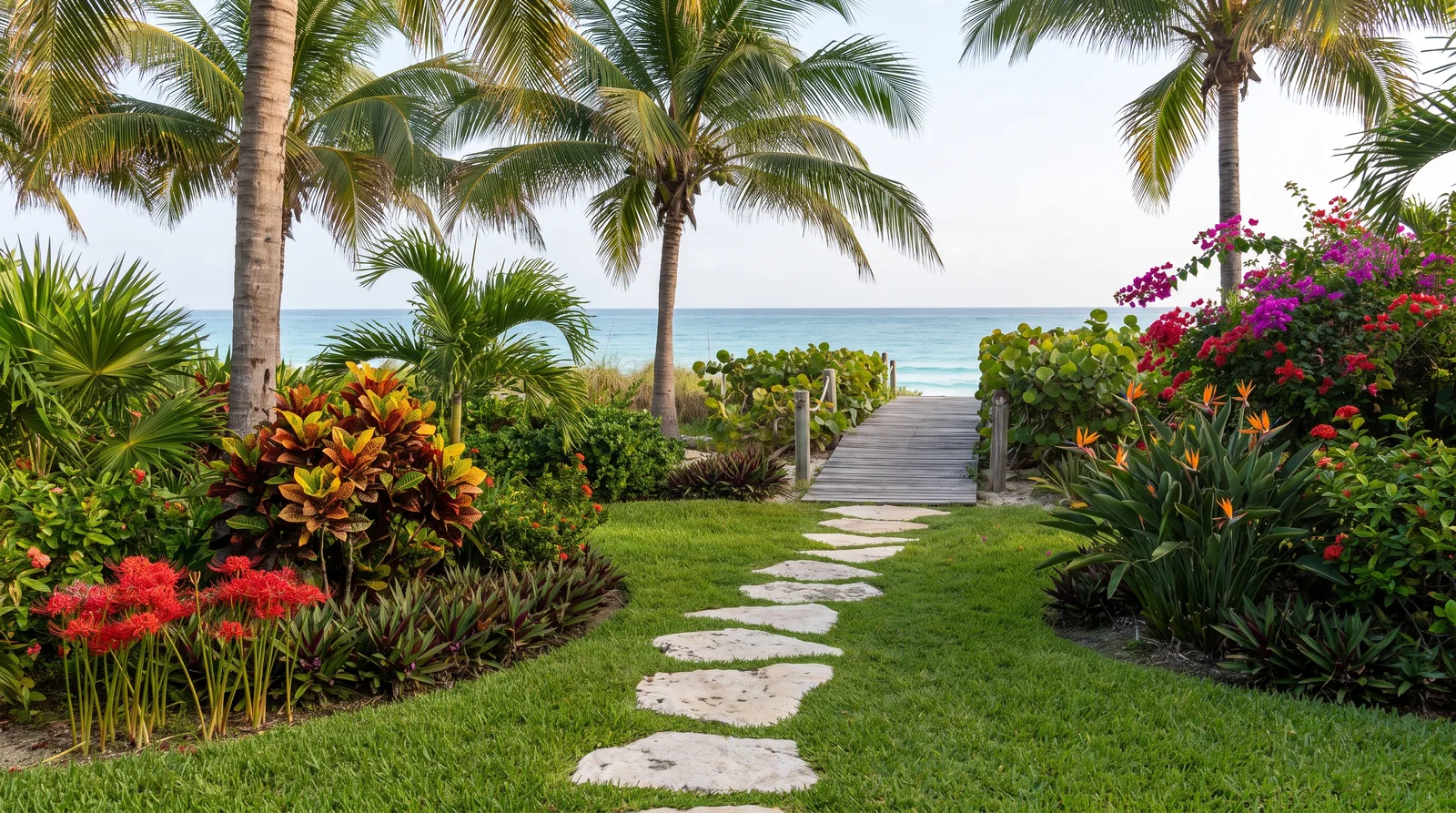 Sendero de piedra caliza entre jardineras tropicales que lleva al andador de la playa