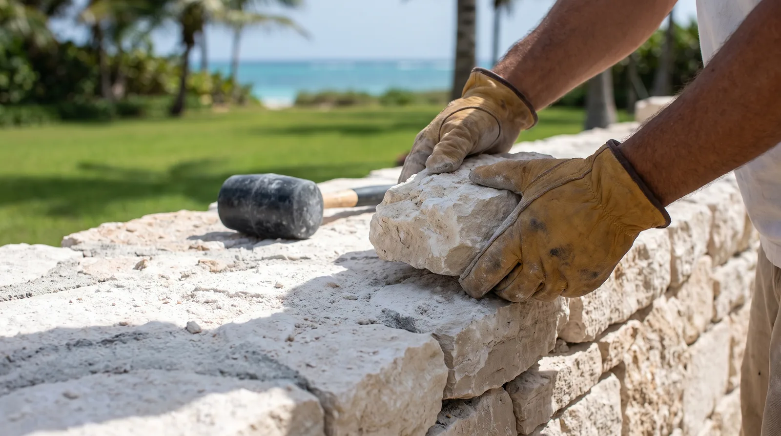 Manos con guantes de trabajo colocan una piedra caliza en una albarrada