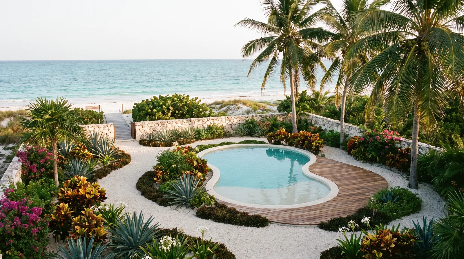 Vista desde la azotea sobre un jardín frente al mar: alberca con deck de madera, senderos de piedra caliza, palmeras y andador sobre la duna hacia la playa