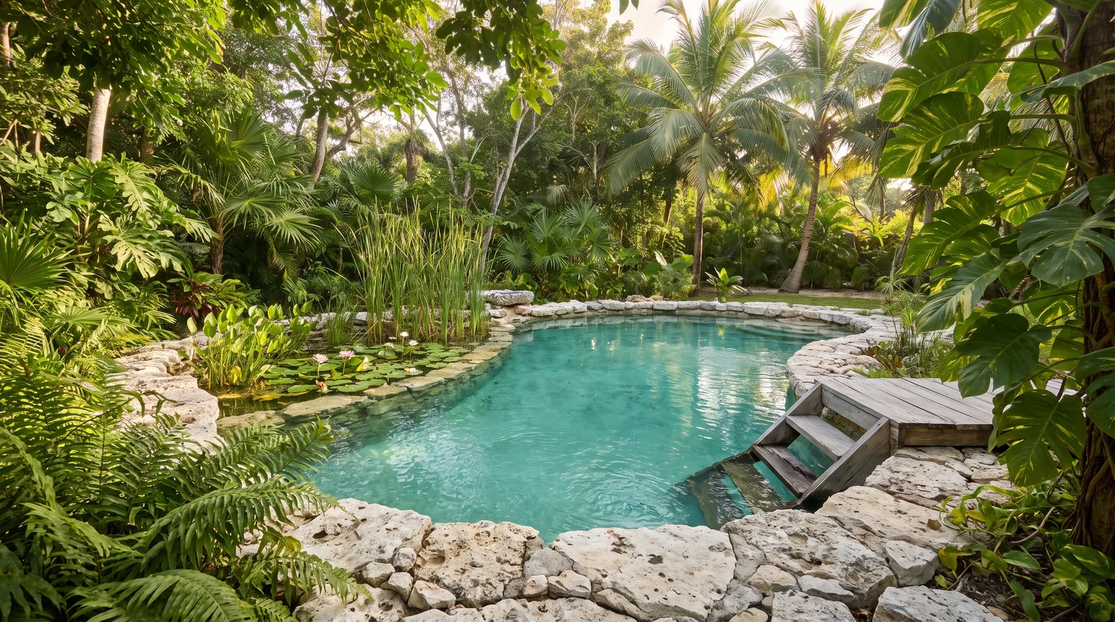 Alberca natural tipo cenote con borde de roca caliza, nenúfares, plantas acuáticas y deck de madera