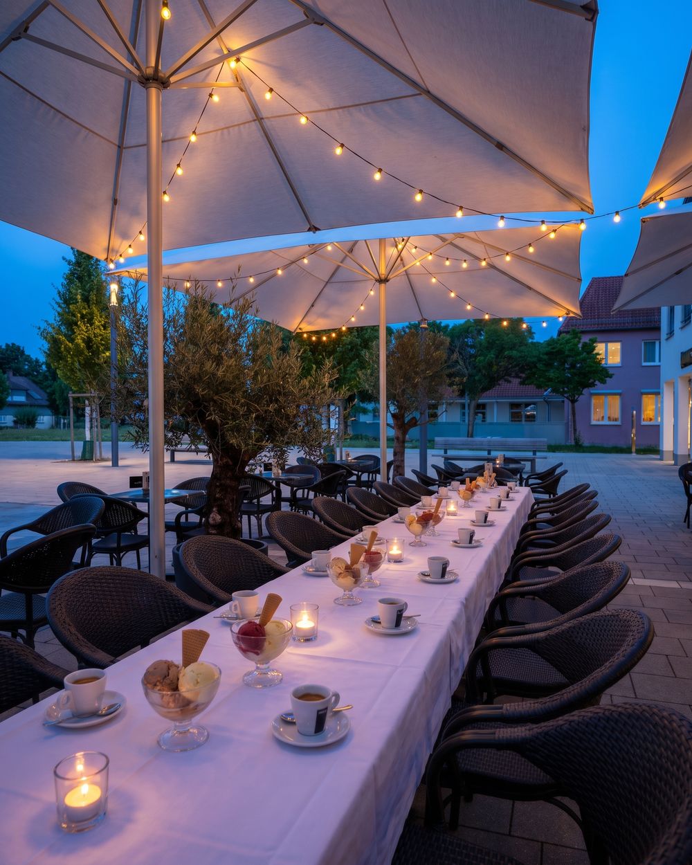Lange, festlich gedeckte Tafel unter Lichterketten auf der Terrasse von Mustermann