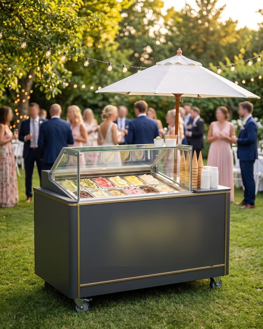 Mobile Eisbar in Schiefer und Gold mit Eisvitrine auf einem Gartenfest