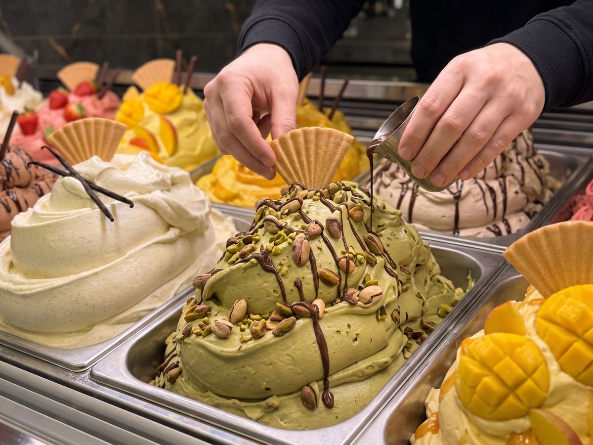 Hände verzieren einen hohen Berg Pistazieneis mit Waffelfächer und Schokolade