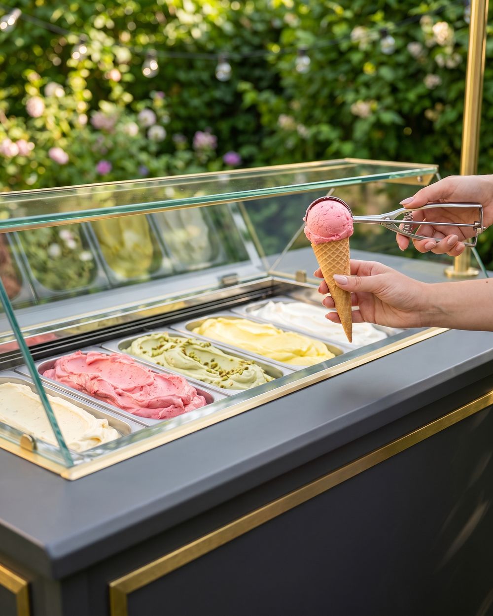 Mobile Eisbar mit Eisvitrine auf einem Sommerfest im Garten