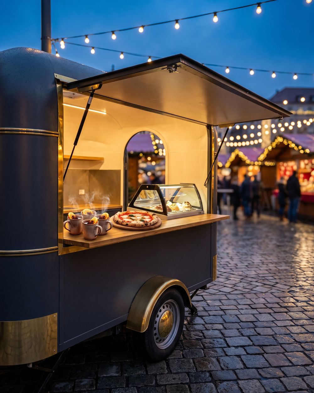 Verkaufswagen am Abend mit Pizza und dampfendem Glühwein auf der Theke