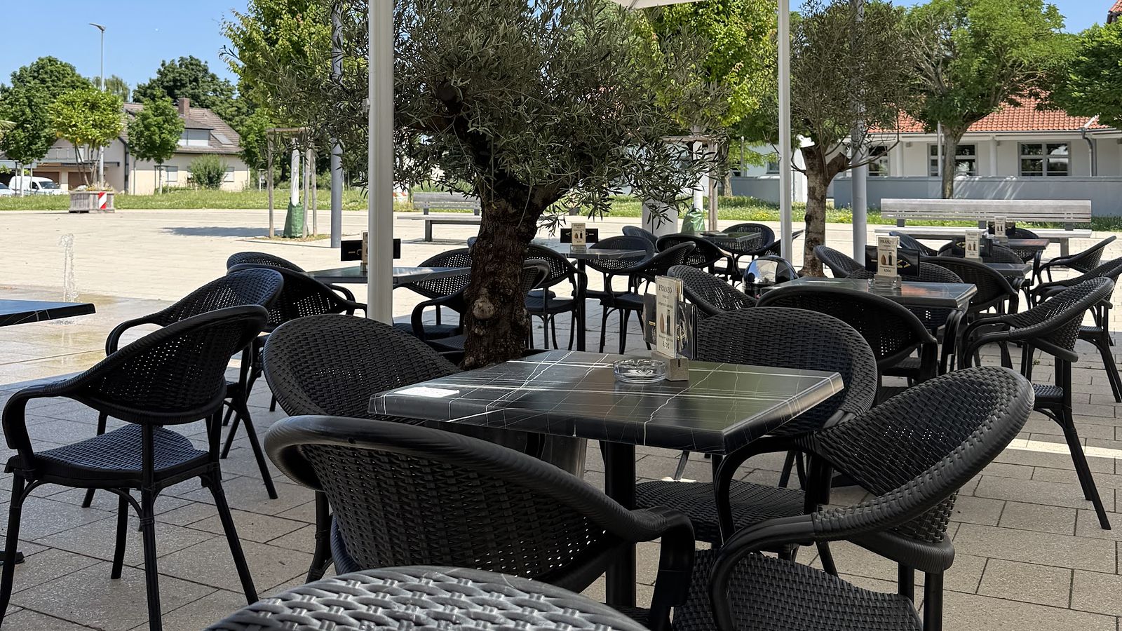 Terrasse mit großen Sonnenschirmen und Olivenbaum