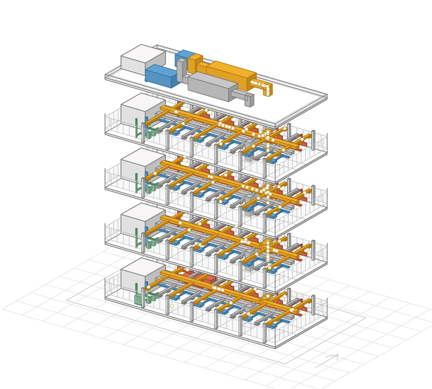 Schematisches 3D-Modell eines Laborgebäudes mit geöffneten Geschossen: Lüftung in Orange, Heizung in Rot, Kälte in Blau, Sanitär in Grün