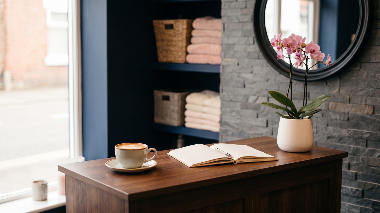 Empfangstresen mit Kaffeetasse, Terminbuch und Orchidee