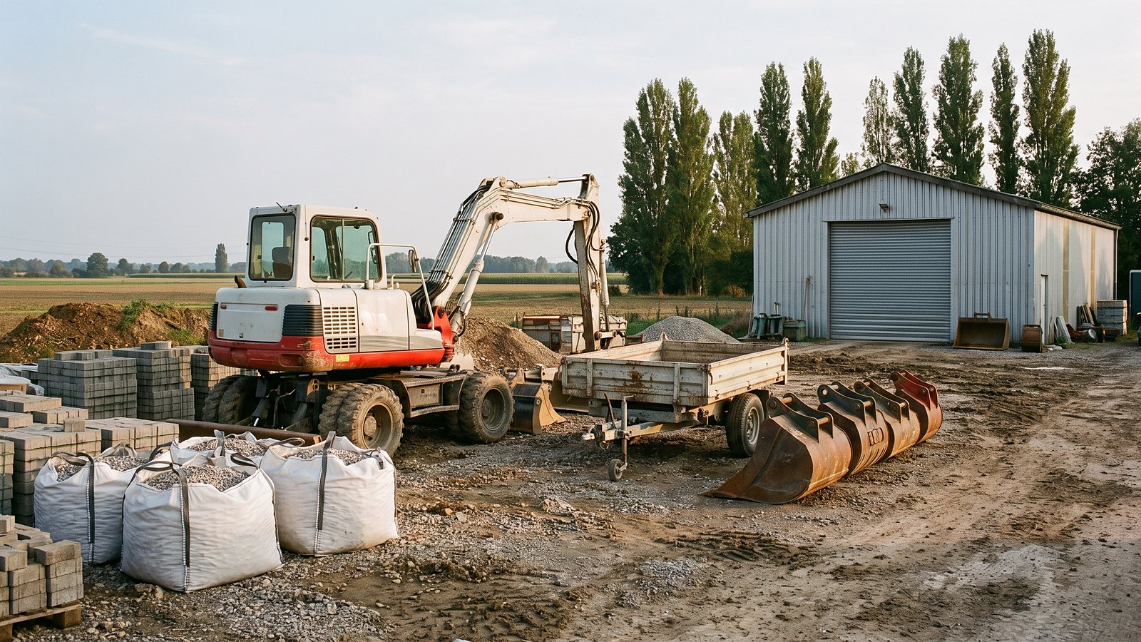Betriebshof von Gartenbau Mustermann mit Bagger, Anbaugeräten, Pflastersteinen und Anhänger