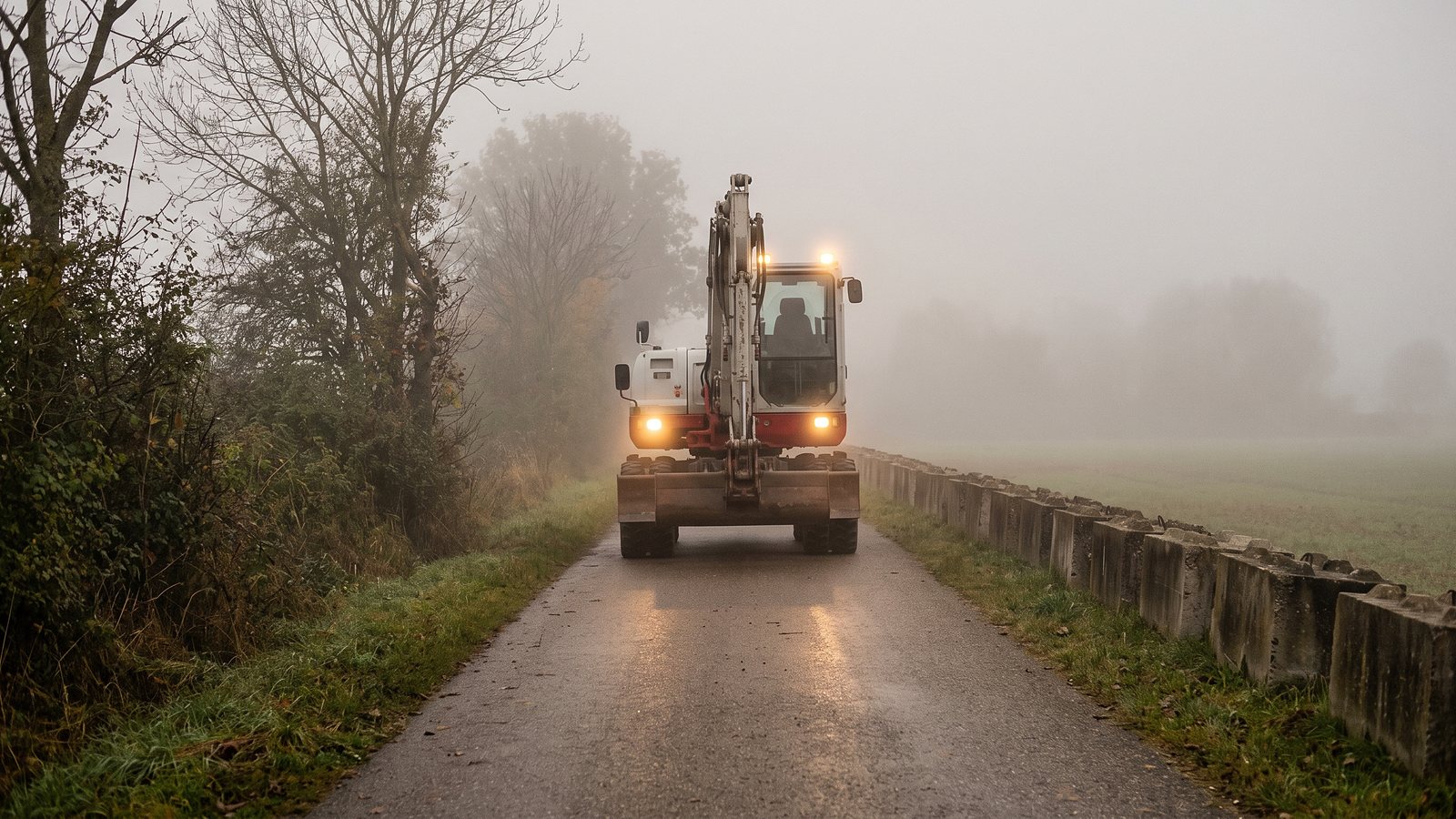 Bagger von Gartenbau Mustermann mit eingeschaltetem Arbeitslicht im Morgennebel auf einem Wirtschaftsweg