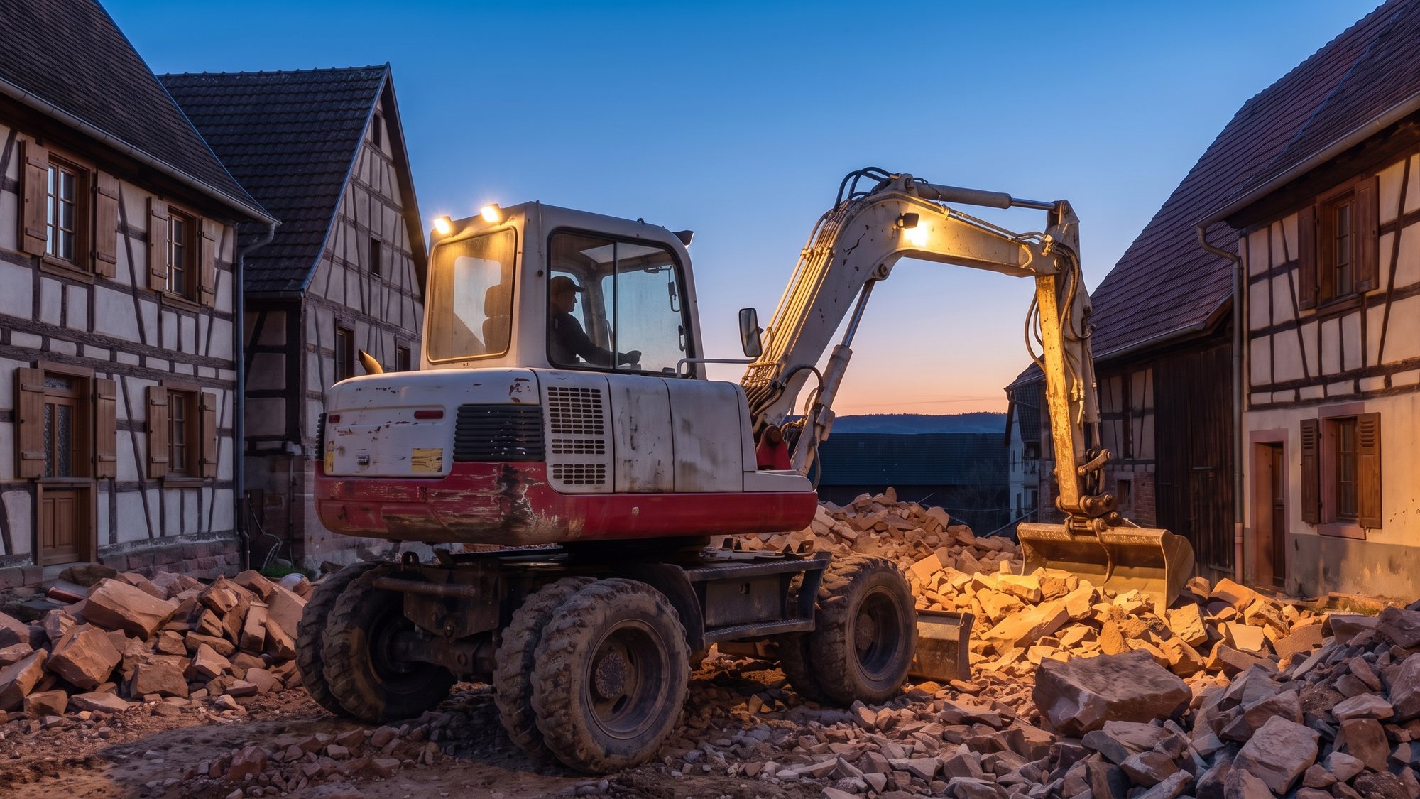 Bagger von Gartenbau Mustermann am Abend mit eingeschaltetem Arbeitslicht auf einer Abbruchstelle zwischen Wohnhäusern