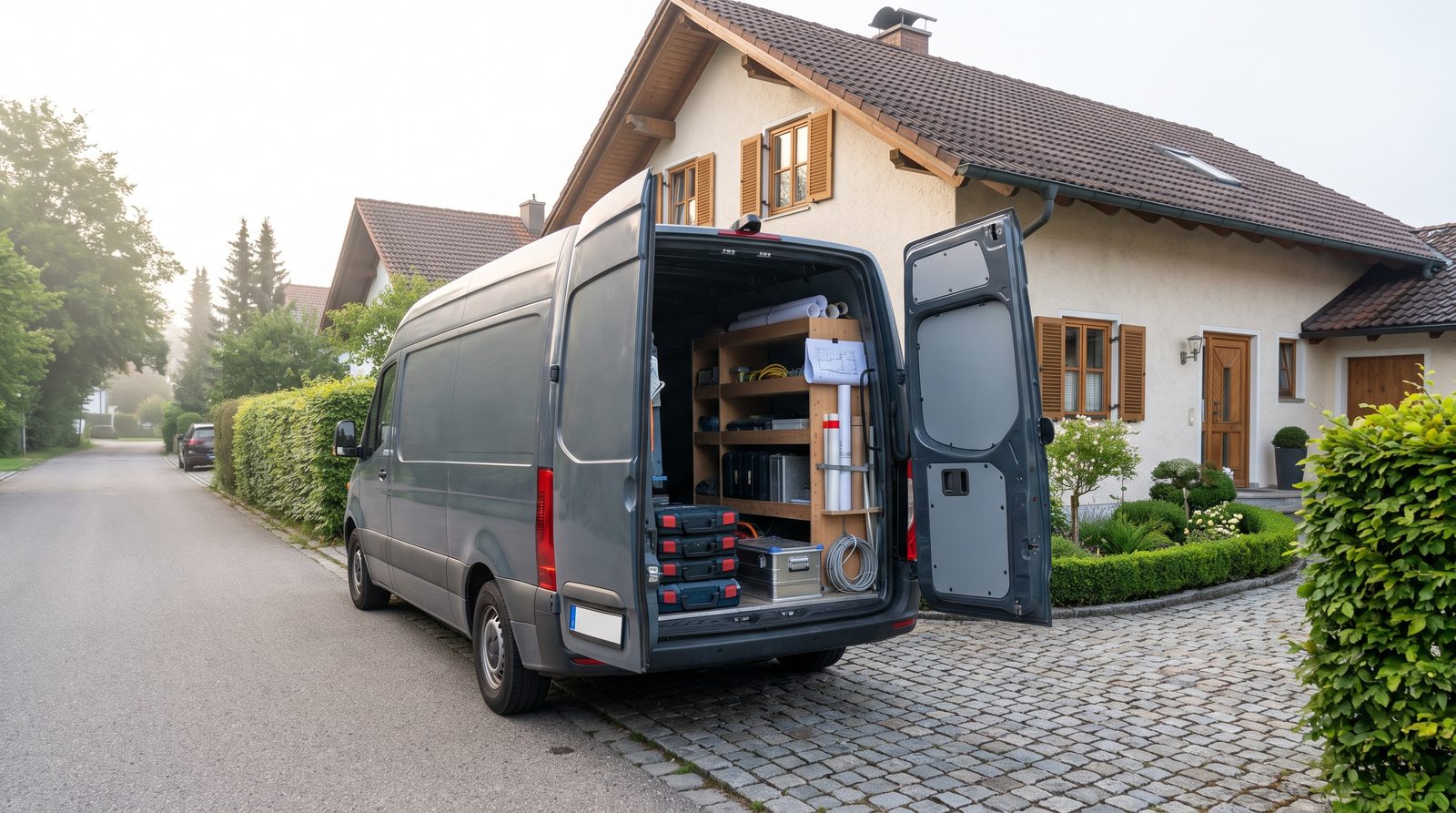 Handwerker-Transporter mit ordentlich verstautem Werkzeug vor einem Wohnhaus