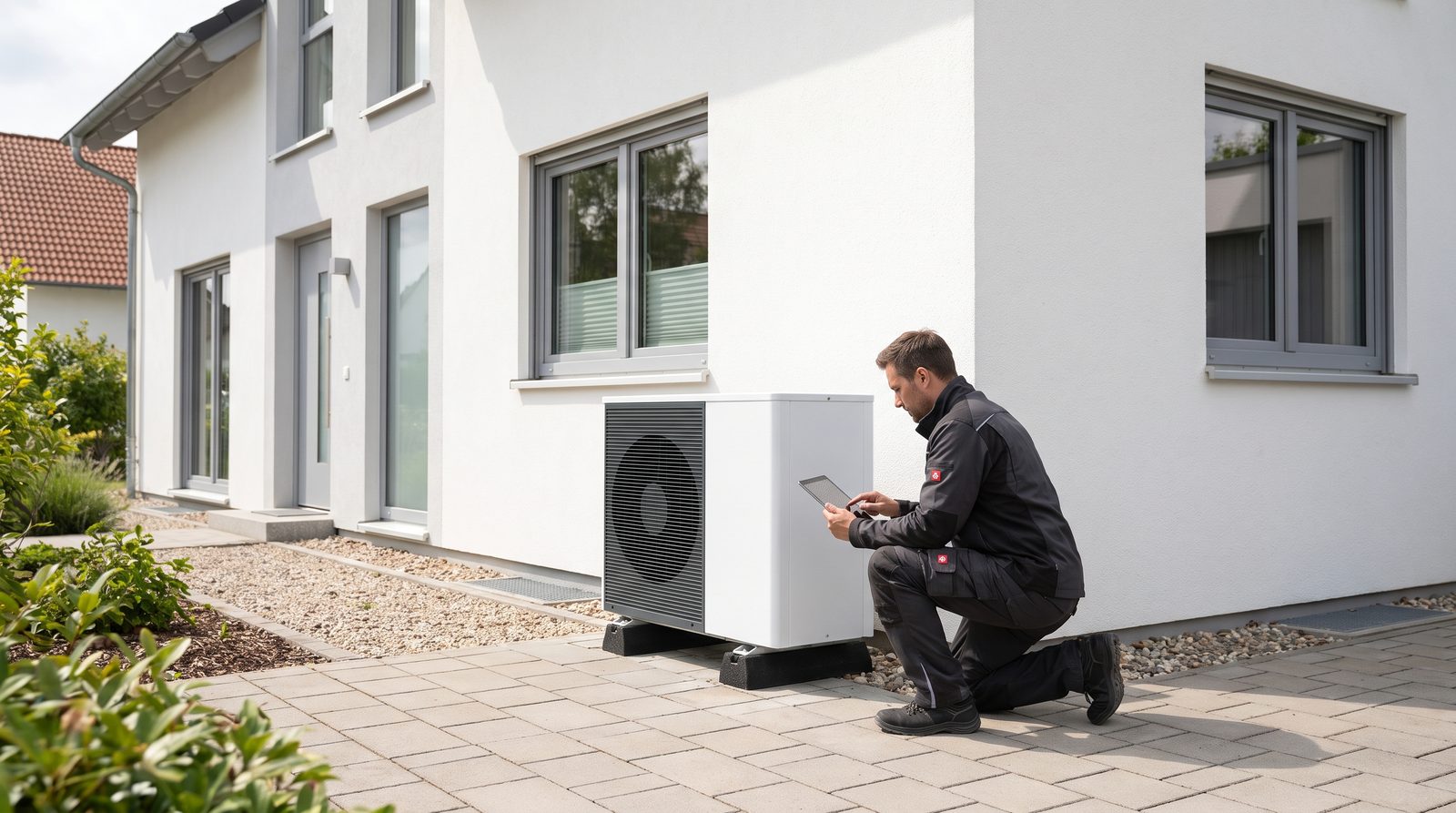 Techniker prüft eine moderne Wärmepumpe an einem Wohnhaus