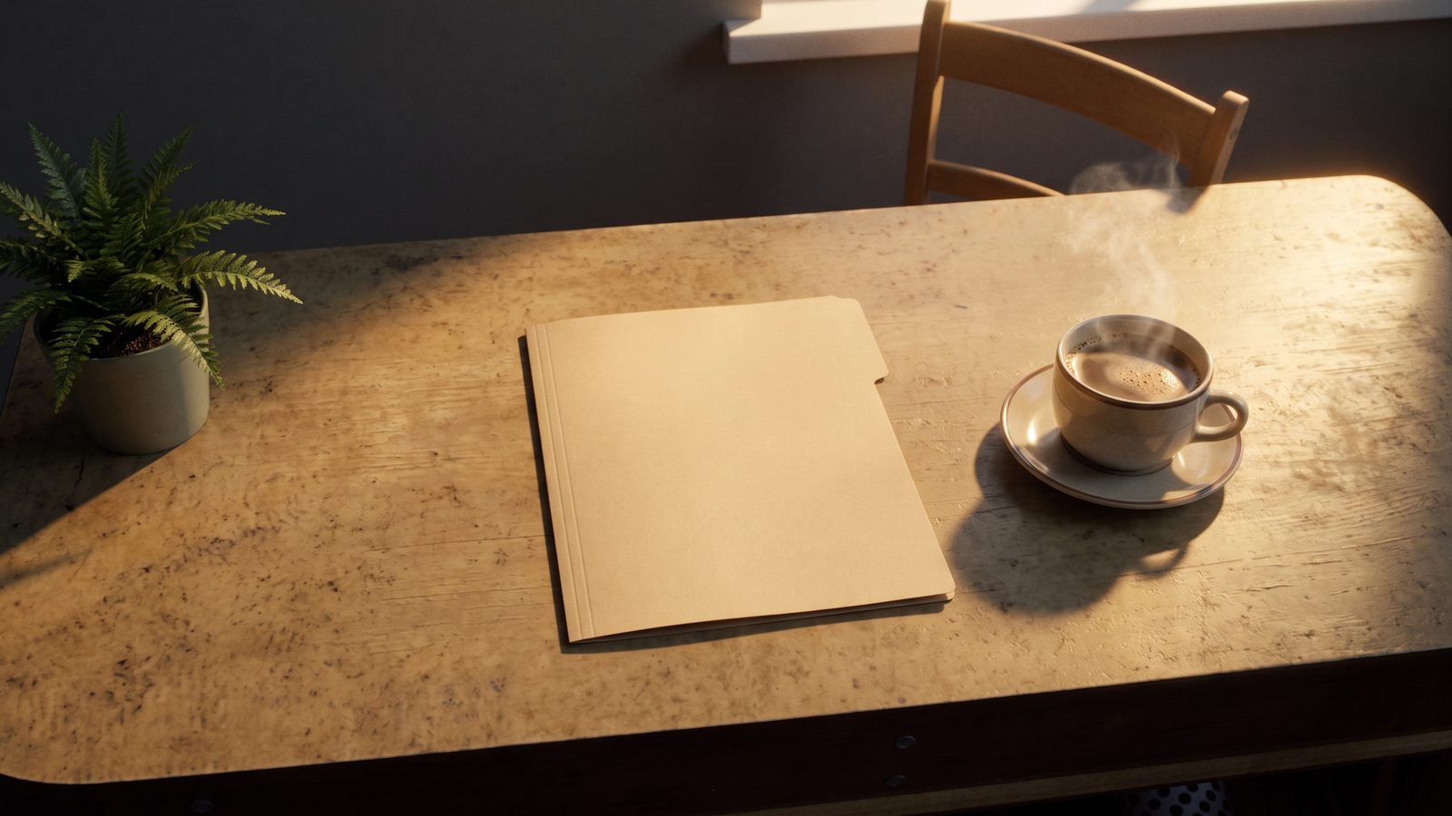 Derselbe Schreibtisch, aufgeräumt, mit Kaffee und Pflanze in warmem Licht